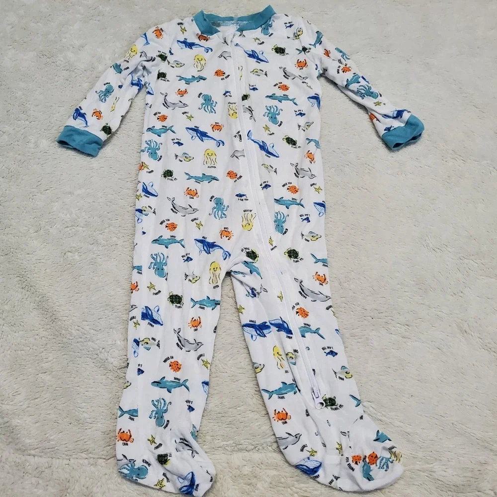 Milkberry White Blue Ocean Bamboo One Piece Pajama Baby Boy 6-9‎ Months Cozy